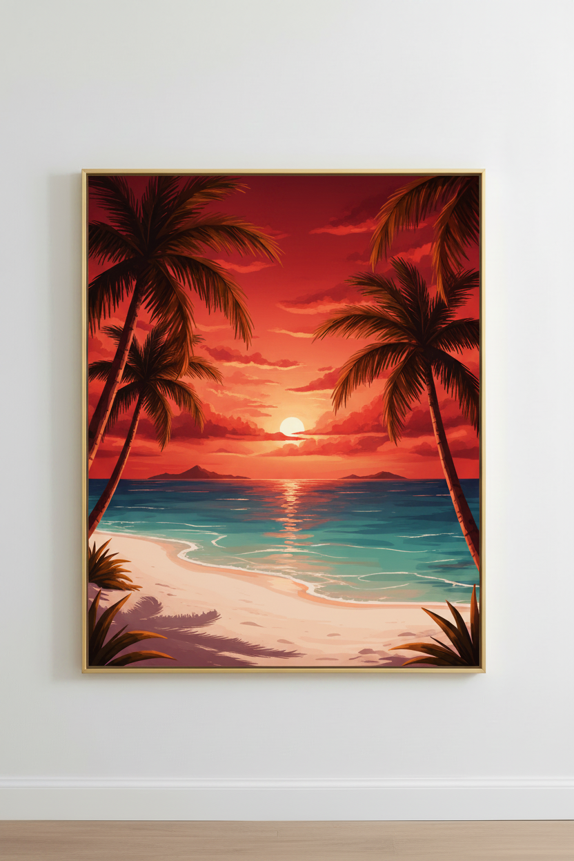 Beautiful Island Bathroom Art - Blood Red Sunset