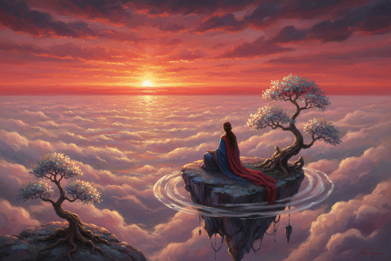 Floating above the clouds staring into a red sky sunset, peaceful and beautiful scenery