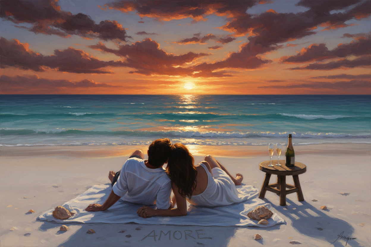 A couple holding hands lying on the beach staring at a romantic dark red sunset over turquoise water