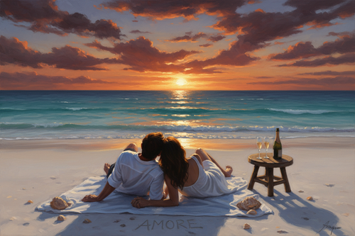 A couple holding hands lying on the beach staring at a romantic dark red sunset over turquoise water