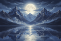Mountain view moonlight with lake reflection and illuminating light effect
