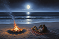 Romantic couple lying by a fire pit on the beach with moonlight reflecting over the ocean