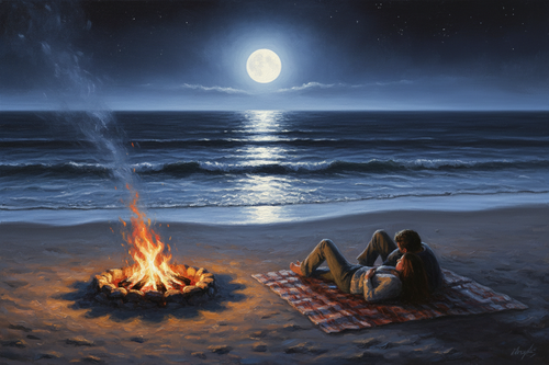 Romantic couple lying by a fire pit on the beach with moonlight reflecting over the ocean