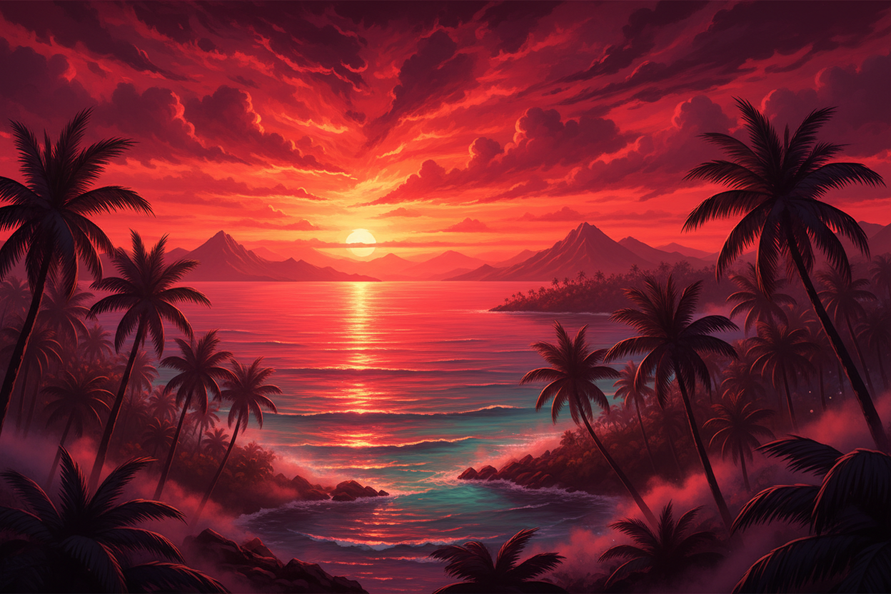 Hyper-realistic tropical island blood red sunset with palm silhouettes and ocean reflection
