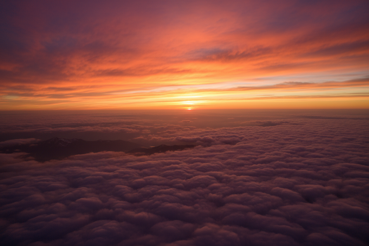 Hyper-realistic aerial view above clouds bathed in deep red and golden sunset light