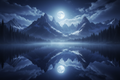 Hyper-realistic mountain view moonlight with lake reflection and illuminating light effect