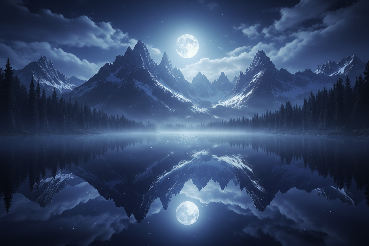 Hyper-realistic mountain view moonlight with lake reflection and illuminating light effect