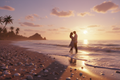 Hyper-realistic romantic beach shoreline at golden hour with gentle waves and warm glowing light