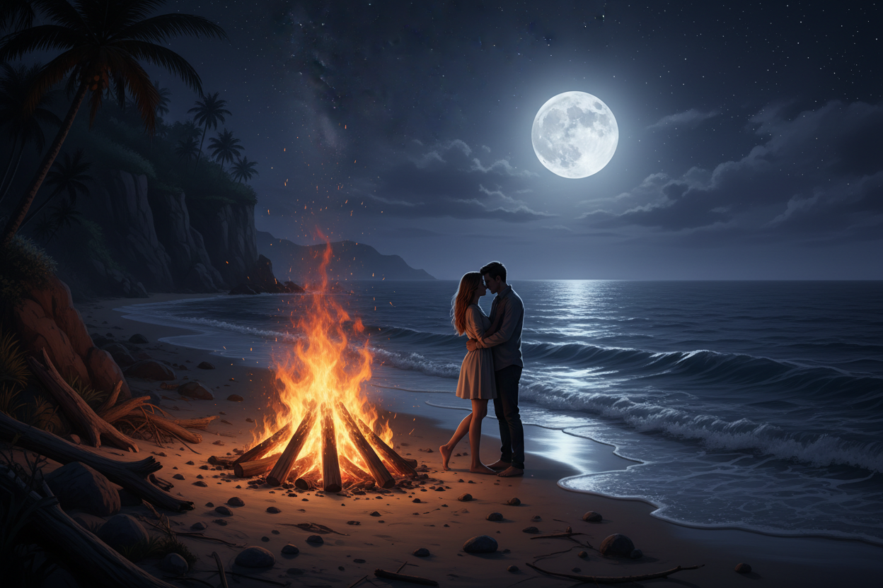 Hyper-realistic romantic bonfire on a beach under full moonlight with ocean waves